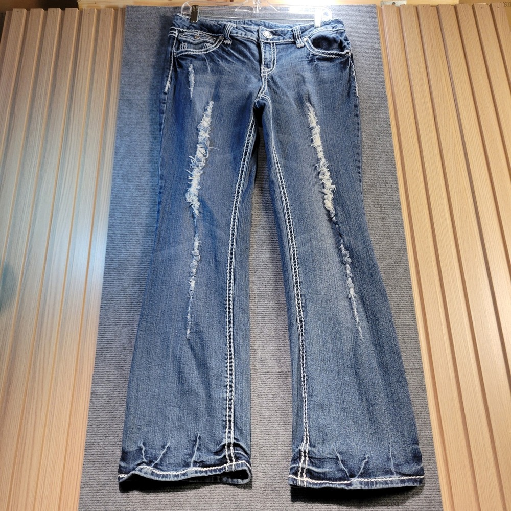 L&B Premium Bootcut Jeans Women 13 Blue Good Distressed Y2K Flap Pocket McBling